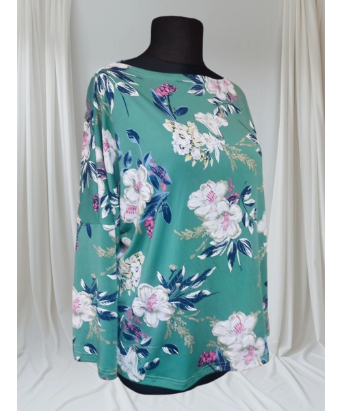 Zielona bluzka z rękawem 3/4 kimono - wzór białe kwiaty